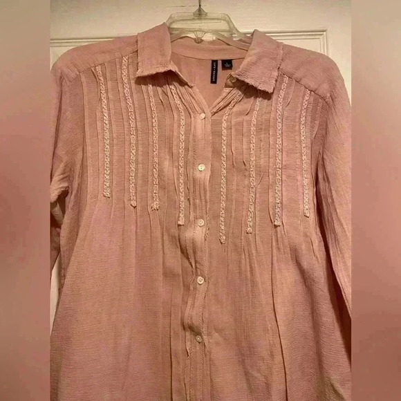 Women's Pink Cotton Gauze Frayed Boho Collared Blouse Large Love Haight - Picture 8 of 13